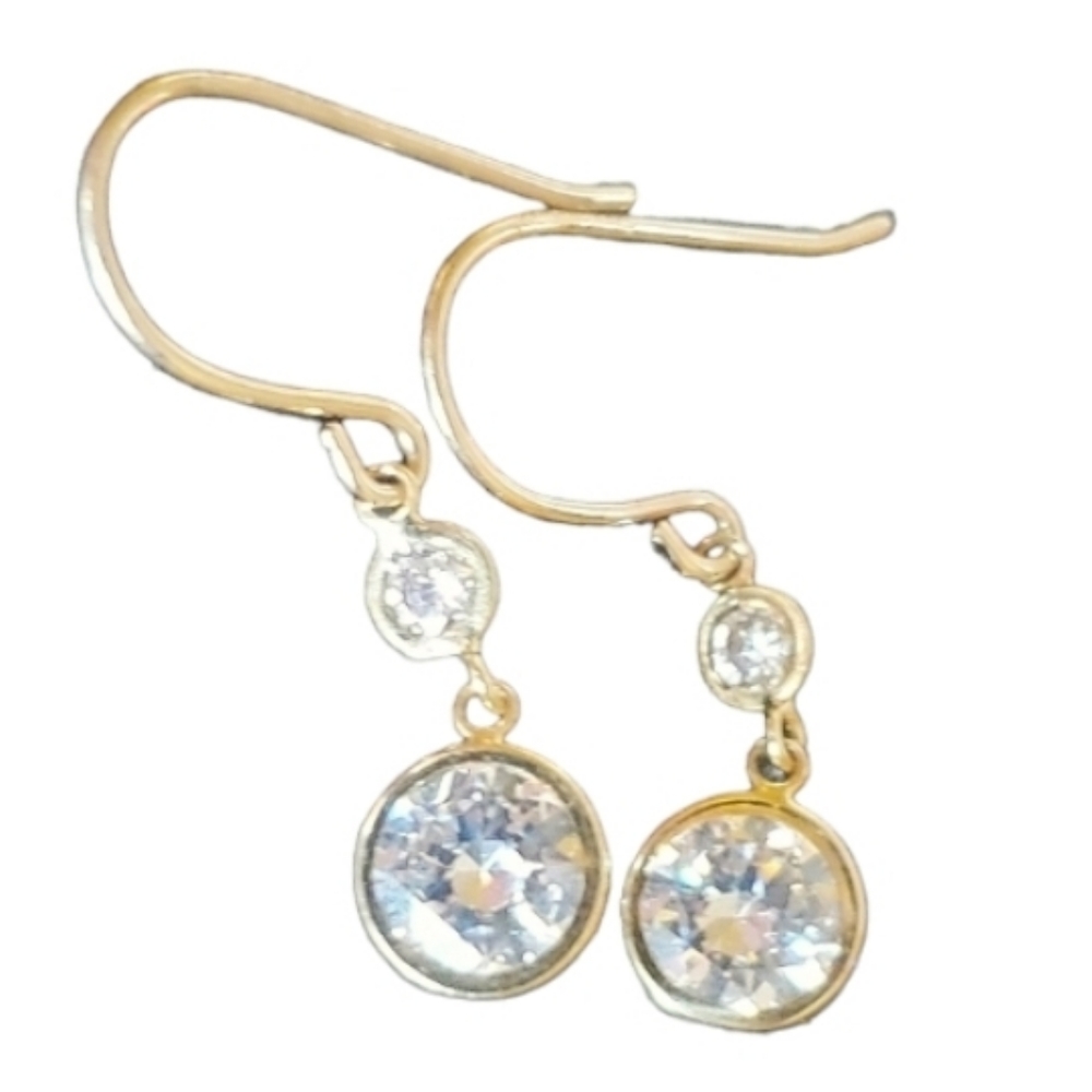 14k Solid Yellow Gold Dangle Double Drop Zirconia… - image 4